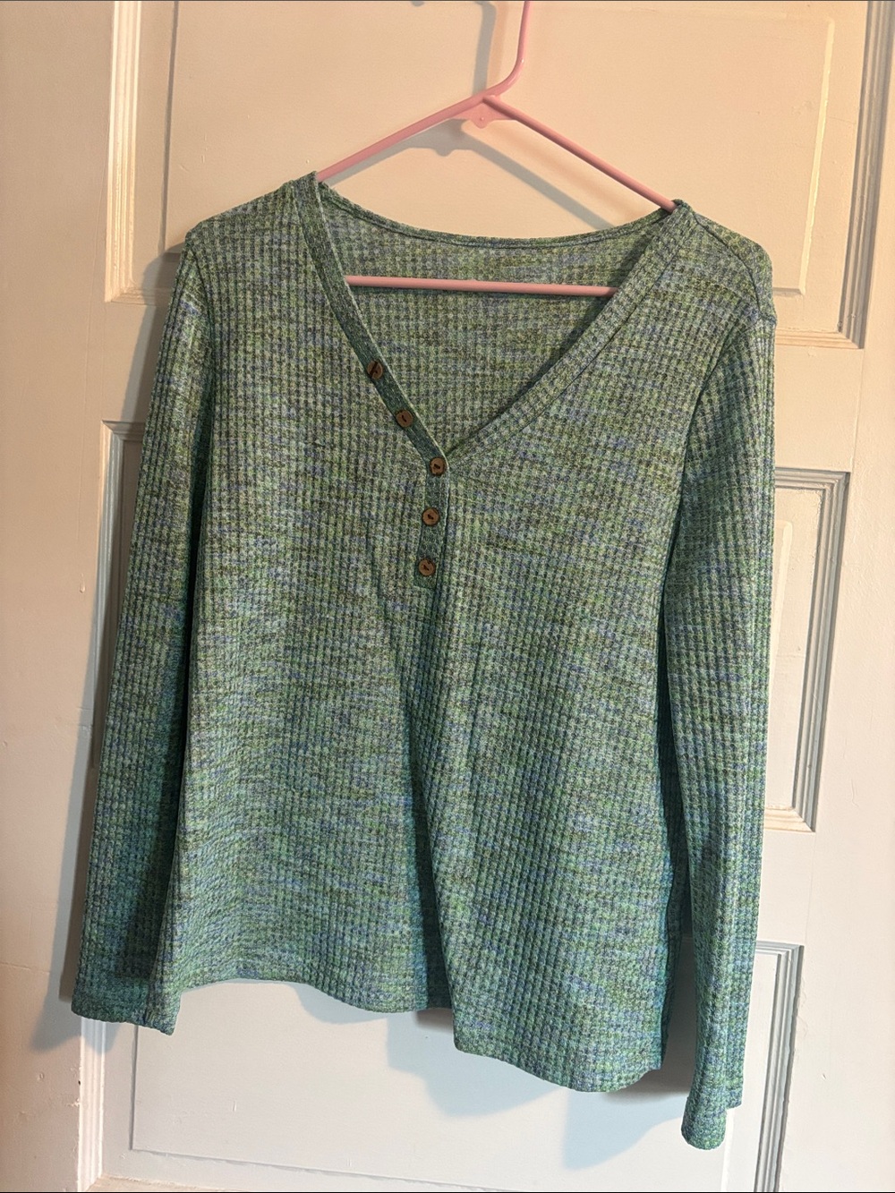 SHEIN Green Ribbed V-Neck Henley Long Sleeve Top